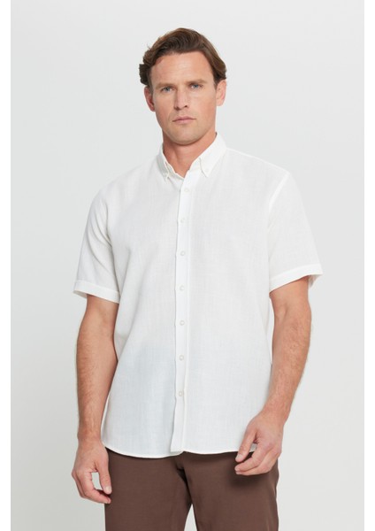 %100 Pamuk Comfort Fit Rahat Kesim Düğmeli Gömlek Yaka Armürlü Gömlek