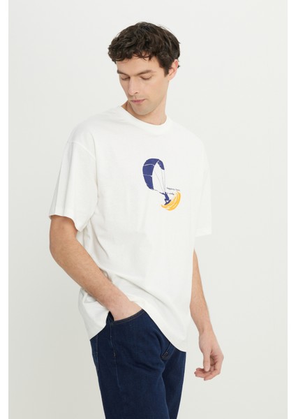 %100 Pamuk Oversize Fit Rahat Kesim Bisiklet Yaka Baskılı Tişört