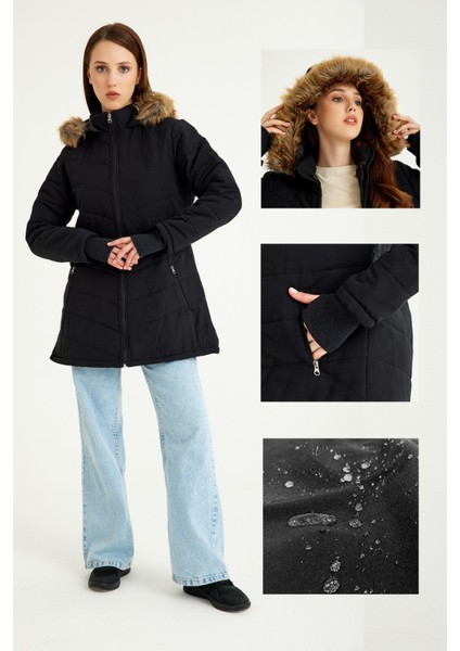 Kışlık Eldivenli Kapüşonlu Kürklü Kadın Şişme Mont