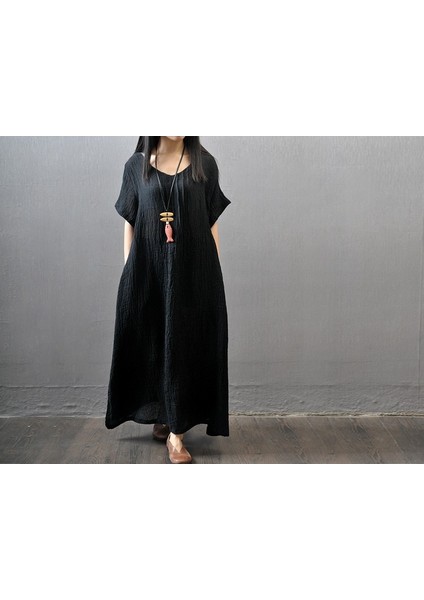 Keten Günlük Rahat Kadın Elbise LN03SIYAH