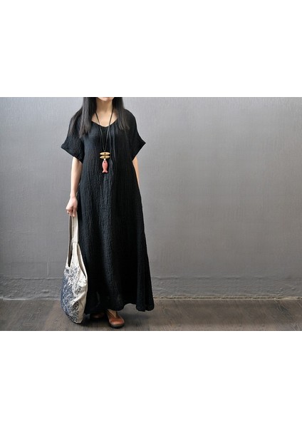 Keten Günlük Rahat Kadın Elbise LN03SIYAH fiyatları