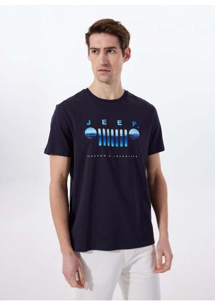 Bisiklet Yaka Baskılı Lacivert Erkek T-Shirt J5SM-TST7293