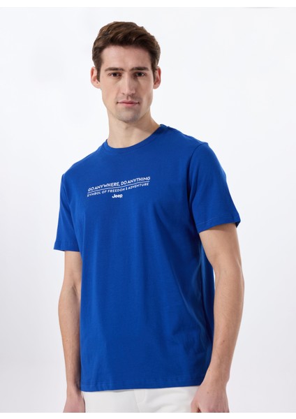 Bisiklet Yaka Baskılı Saks Erkek T-Shirt J5SM-TST7328