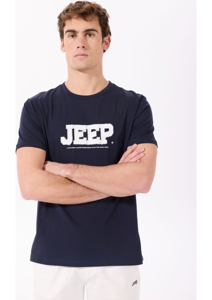 Bisiklet Yaka Baskılı Lacivert Erkek T-Shirt J5SM-TST7339