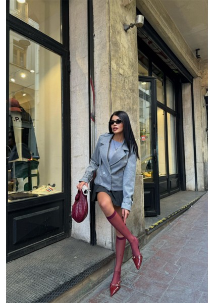 Kaşe Crop Ceket 4 Düğme - Gri