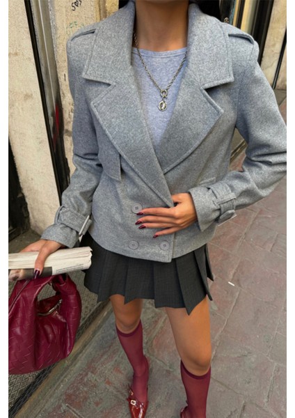 Kaşe Crop Ceket 4 Düğme - Gri