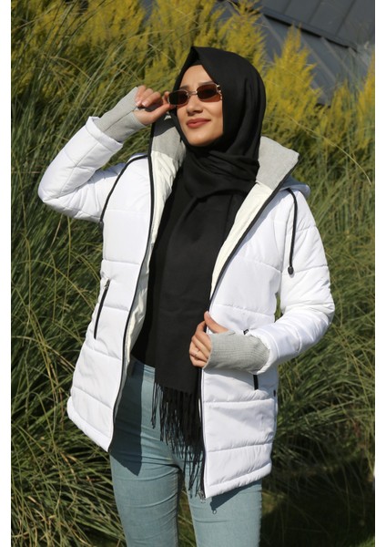 Toridas Kışlık Kapüşonlu Uzun Kadın Şişme Tesettür Mont 805BEYAZTESETTÜR