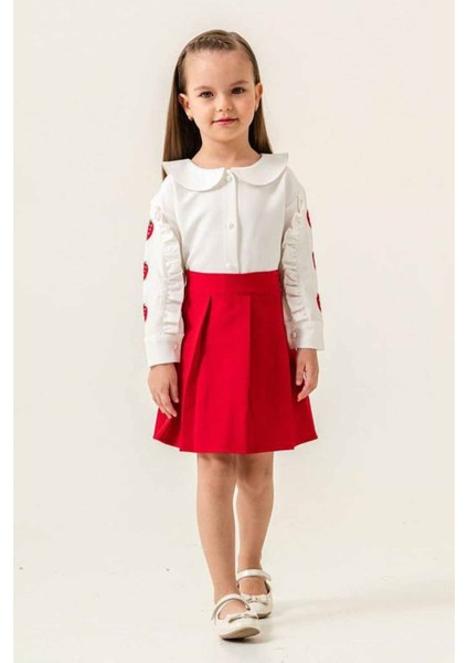 Çilek Işleme Desenli Bebe Yaka Kız Çocuk etekli takım - Kırmızı