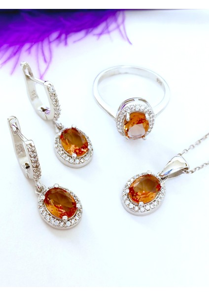 Gümüş Zultanit Sultan Taşlı Işıltılı Oval Damla Tasarım Kolye Küpe Yüzük Kadın Set