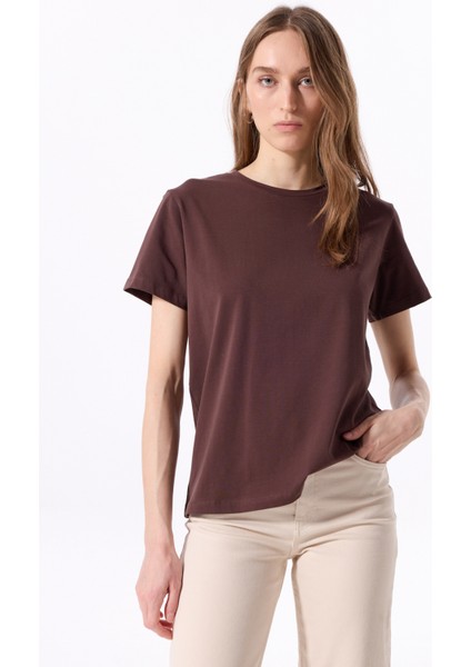 Bisiklet Yaka Düz Kahve Kadın T-Shirt J5SL-TST7186 modelleri
