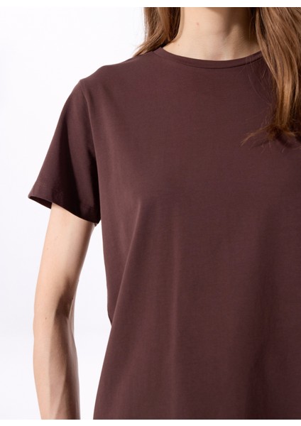 Bisiklet Yaka Düz Kahve Kadın T-Shirt J5SL-TST7186 fırsatları