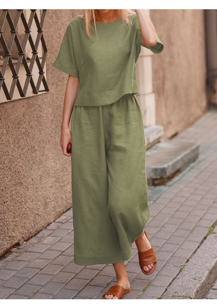Keten Günlük Rahat Beli Lastikli Kadın İkili Takım Alt Üst