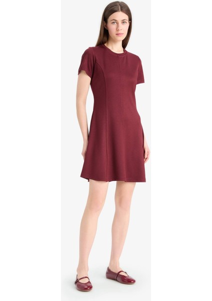 Bisiklet Yaka Basic Düz Kısa Kollu Mini Elbise F3179AX25SM