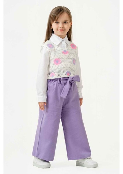 Örgü Cepkenli Gömlekli Kız Çocuk 3 lü takım - Lila