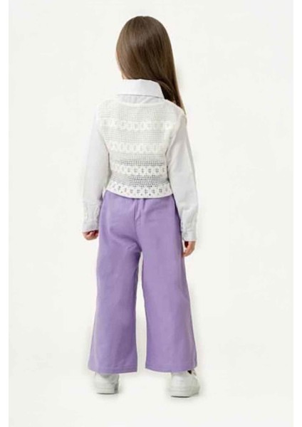 Örgü Cepkenli Gömlekli Kız Çocuk 3 lü takım - Lila modelleri