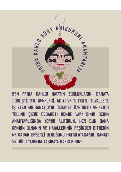 Frida Kahlo - Büst Amigurumi Anahtarlık 10 cm - El Yapımı Sanatsal Örgü Çanta Aksesuarı fiyatları