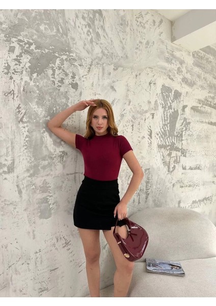 Kadın Kısa Kol Badi Bluz - Bordo