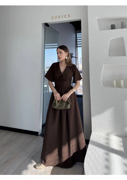 Kısa Kollu Uzun Elbise - Kahve