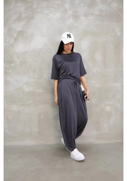 Osy Modal Yumuşak Dokulu Kumaş Oversize Bisiklet Yaka T-Shirt Jogger Eşofman Altı Eşofman Takımı - Antrasit