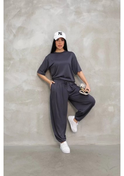 Osy Modal Yumuşak Dokulu Kumaş Oversize Bisiklet Yaka T-Shirt Jogger Eşofman Altı Eşofman Takımı - Antrasit