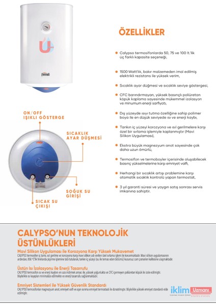 Calypso Silindirik 100 Litre Elektrikli Termosifon CLYPS-100 (Montaj Hariç) modelleri