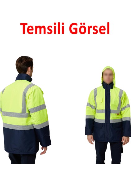 Cepli Reflektif M Beden Fosforlu Fermuarlı Kaban Kapüşonlu Parka Sarı Lacivert Kaban İşçi Parkası