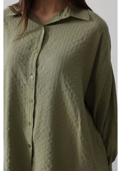 Çizgili Uzun Kol Gömlek - Haki fırsatları