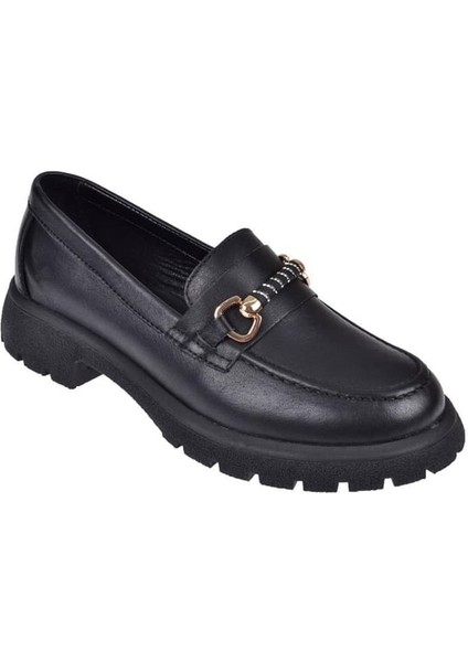 4259 Kadın Deri Taşlı Tokalı Loafer Ayakkabı Siyah