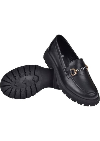 4259 Kadın Deri Taşlı Tokalı Loafer Ayakkabı Siyah indirimleri