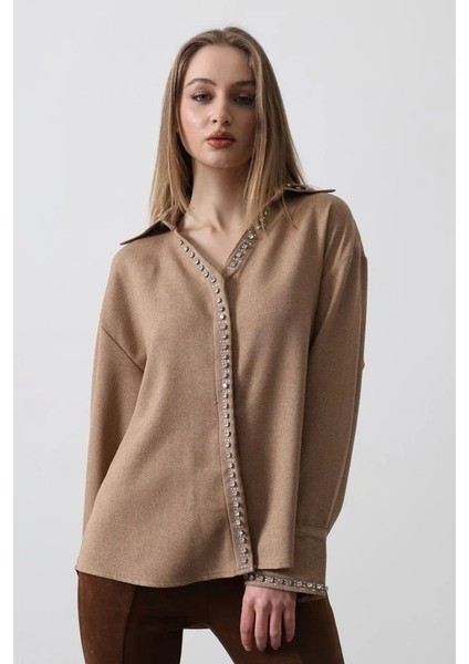 Taşlı Gömlek - Bej fırsatları