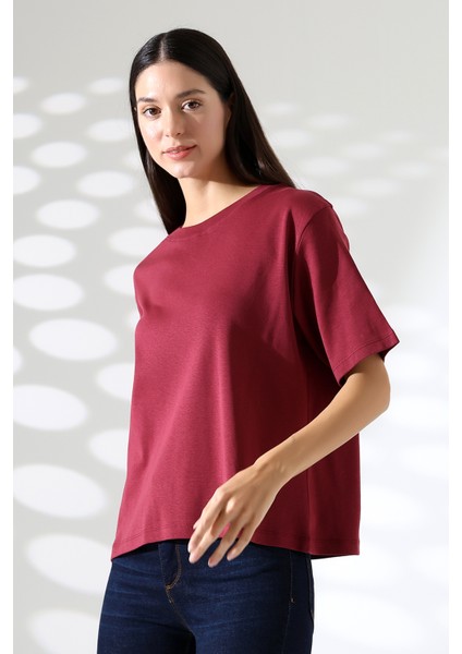 Pamuk Ribana Kumaş Bisiklet Yaka Kısa Kol Oversize Basic Düz Kadın T-Shirt 21964 Bordo