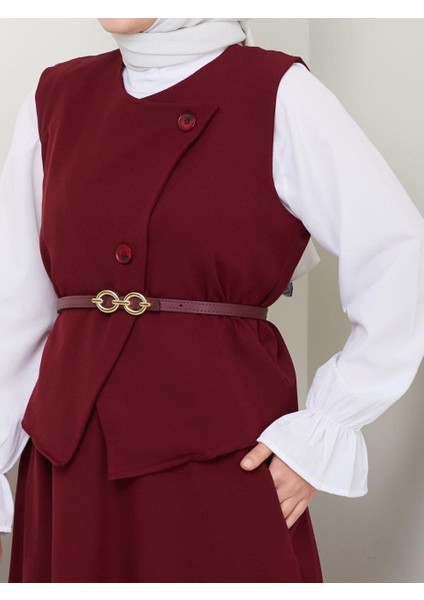 Düğmeli Asimetrik Yelek Kiloş Etek Ikili Takım Kumaş Duble