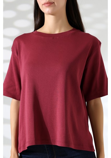 Pamuk Ribana Kumaş Bisiklet Yaka Kısa Kol Oversize Basic Düz Kadın T-Shirt 21964 Bordo modelleri