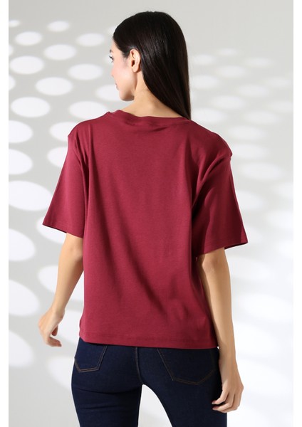 Pamuk Ribana Kumaş Bisiklet Yaka Kısa Kol Oversize Basic Düz Kadın T-Shirt 21964 Bordo fırsatları
