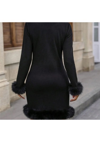 Kadın Uzun Kollu Bisiklet Yaka Etek Ucu ve Kol Ucu Kürk Detaylı Modal Kısa Elbise
