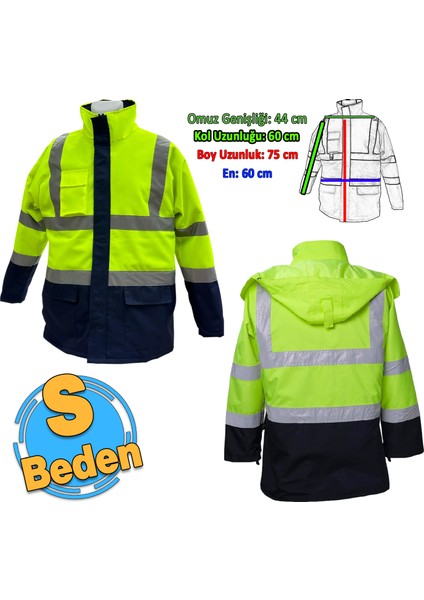 Cepli Reflektif S Beden Fosforlu Fermuarlı Kaban Kapüşonlu Parka Sarı Lacivert Kaban İşçi Parkası