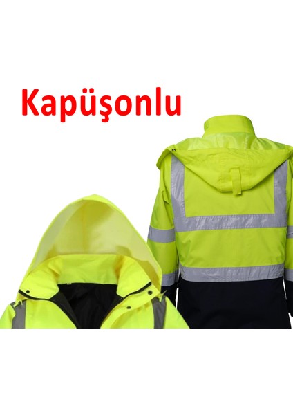 Cepli Reflektif S Beden Fosforlu Fermuarlı Kaban Kapüşonlu Parka Sarı Lacivert Kaban İşçi Parkası