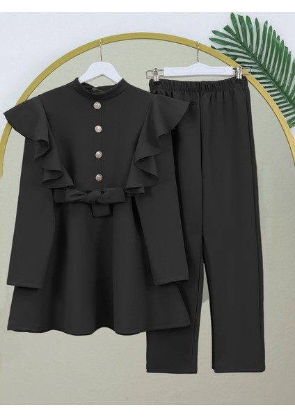 Düğme Detaylı Dik Yaka Omuzu Fırfırlı Scuba Takım