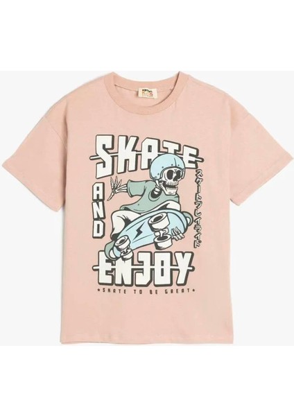 Kaykay Baskılı Bisiklet Yaka Kısa Kollu Pembe Erkek Çocuk T-Shirt 5SKB10044TK