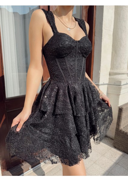 Melione Güpür Detay Asklı Mini Elbise 4631 fırsatları