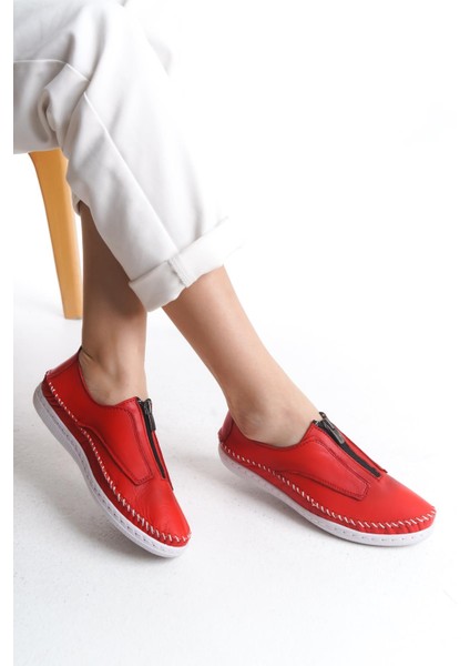 Kadın Deri Günlük Ayakkabı Önden Fermuarlı Dikişli Ortopedik Rahat Ayakkabı