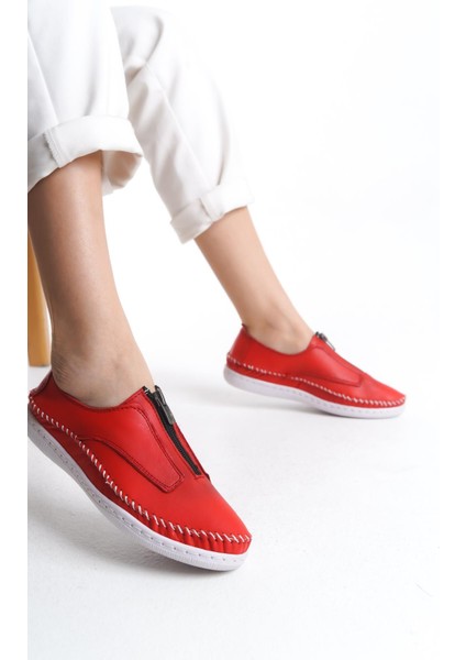 Kadın Deri Günlük Ayakkabı Önden Fermuarlı Dikişli Ortopedik Rahat Ayakkabı fiyatları