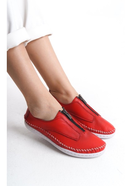 Kadın Deri Günlük Ayakkabı Önden Fermuarlı Dikişli Ortopedik Rahat Ayakkabı modelleri