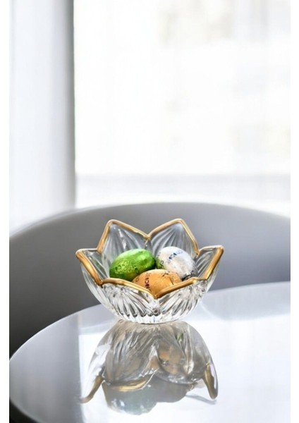 Gold Detaylı Lotus Çiçeği 6’lı Kahve Yanı Cam Lokumluk Drajelik Origami Mini Sunumluk