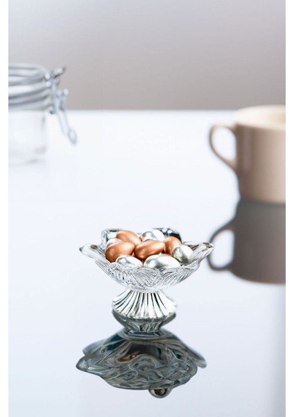 Gümüş Metal Ayaklı Lotus Çiçeği 6’lı Kahve Yanı Cam Lokumluk Drajelik Origami Mini Sunumluk