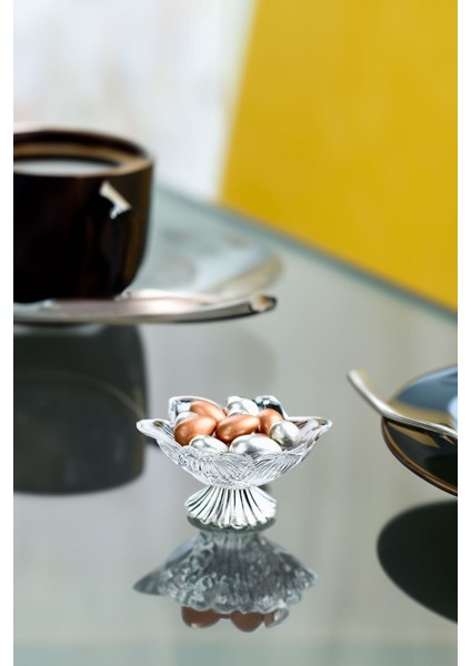 Gümüş Metal Ayaklı Lotus Çiçeği 6’lı Kahve Yanı Cam Lokumluk Drajelik Origami Mini Sunumluk fiyatları