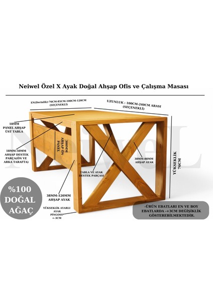 Owen Doğal Ahşap Çalışma ve Ofis MASASI-100 cm -240 cm indirimleri
