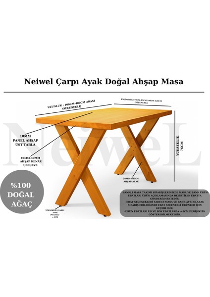 Enax Doğal Ahşap Çalışma ve Ofis MASASI-70 cm -160 cm