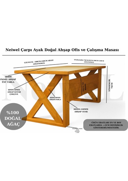 Ares Doğal Ahşap Çalışma ve Ofis MASASI-80 cm -200 cm indirimleri