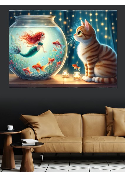 Balık Akvaryumu Deniz Kızı ve Kedi Dekoratif Tablo
